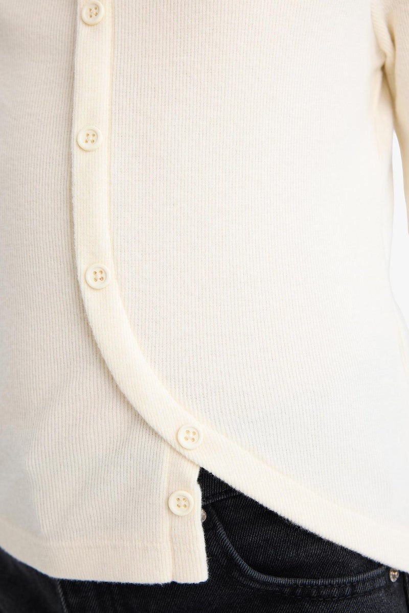 DeFacto Beige Girl Girl Crew Neck Buttoned Long Sleeve T-Shirt Casual - Image 4